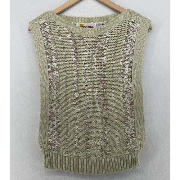 ESSENTIALS Sweater Womens L Chunky Slub Vest Boat Neck Pullover Beige Vintage 80 - Picture 1 of 14